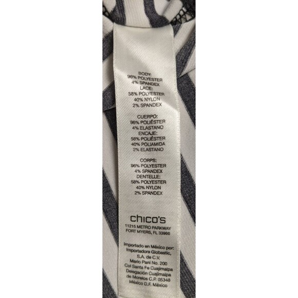 Women's CHICO'S Black/White Striped Lace Trim Jersey Swing Top 12 - Picture 11 of 11